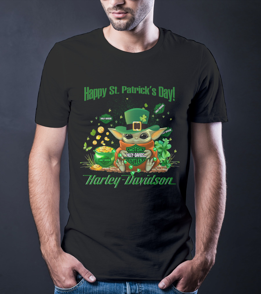 Happy St. Patrick's Day Baby Yoda Harley Davidson T-Shirt