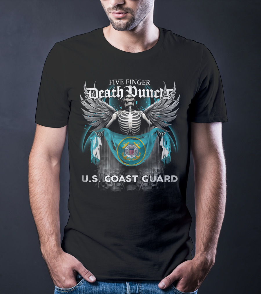 Five Finger Death Punch Skeleton With Wings Holding United States Coast Guard Flag And Emblem T-Shirt