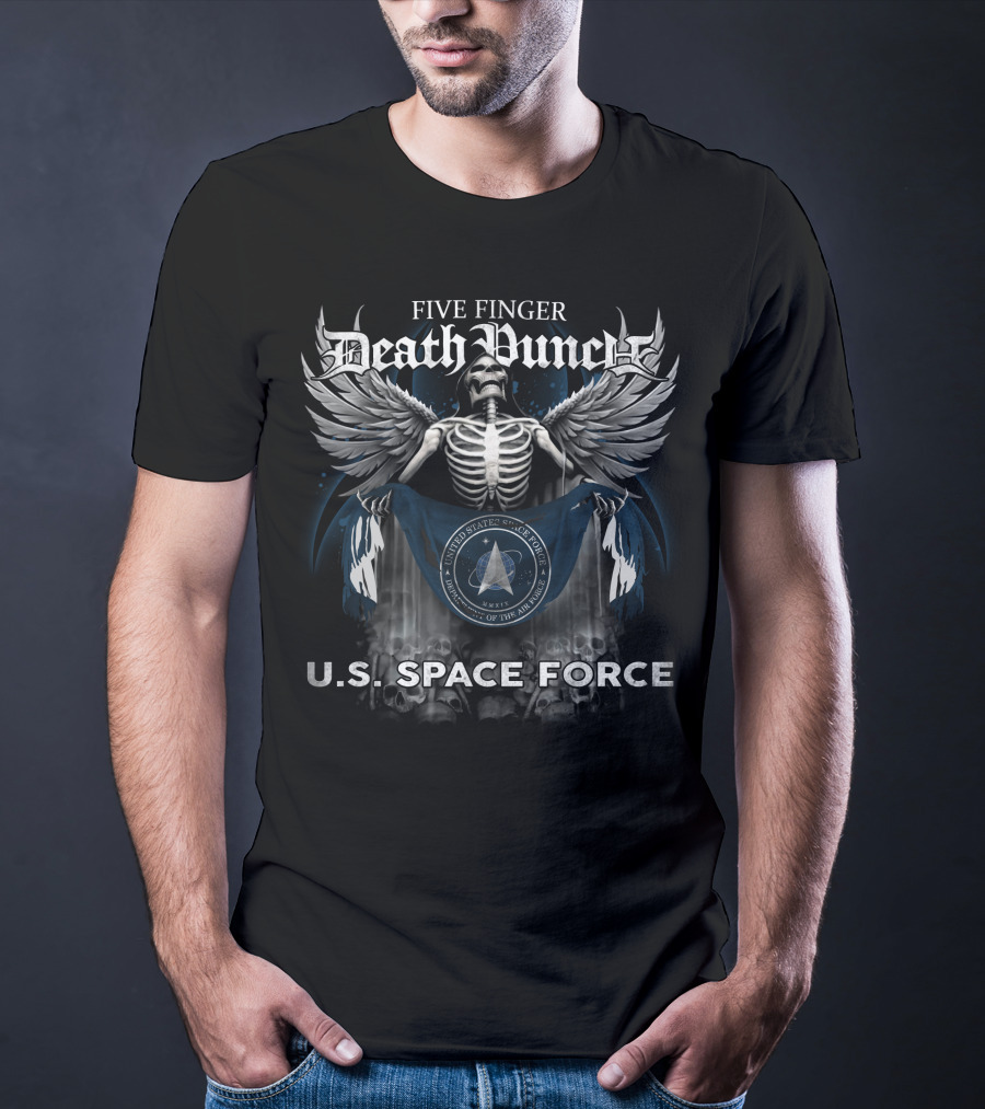 Five Finger Death Punch Skull Holding United States Space Force Flag With Wings And U.S. Space Force Text T-Shirt