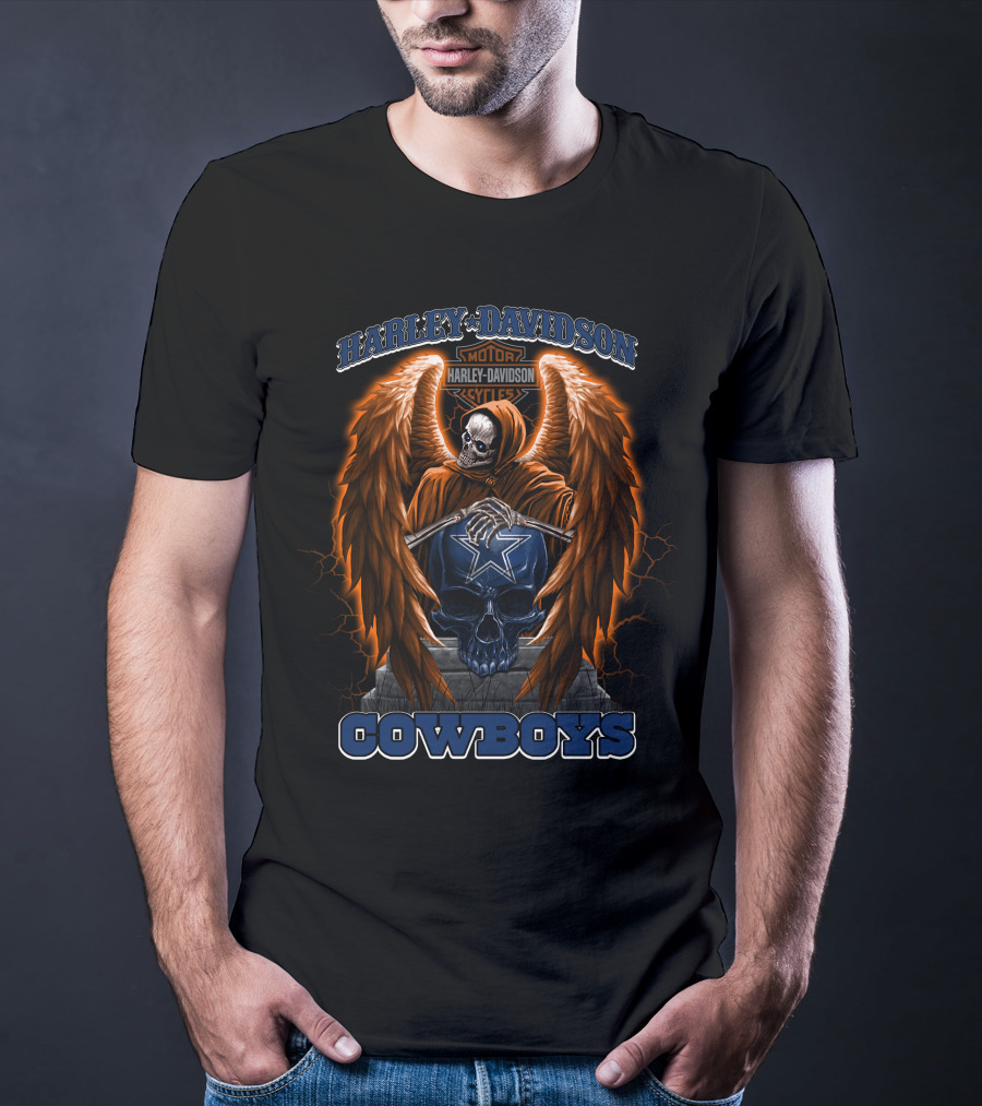 Harley Davidson Cowboys Nfl Skeleton With Wings And Skull T-Shirt