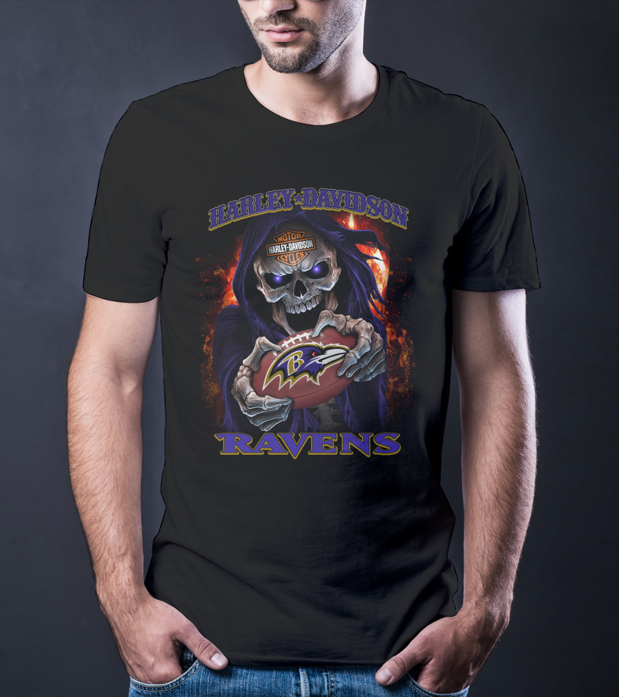 Harley Davidson Skull Holding Baltimore Ravens Football T-Shirt