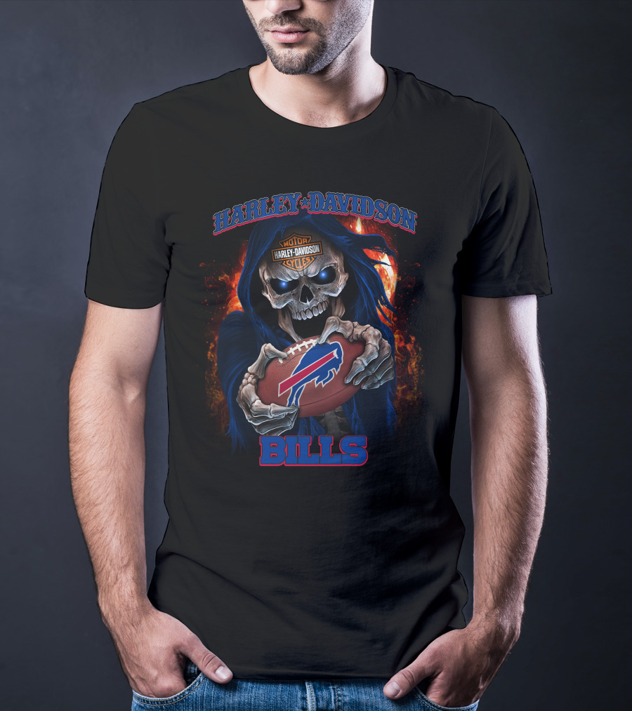 Harley Davidson Buffalo Bills Skull Holding Football T-Shirt