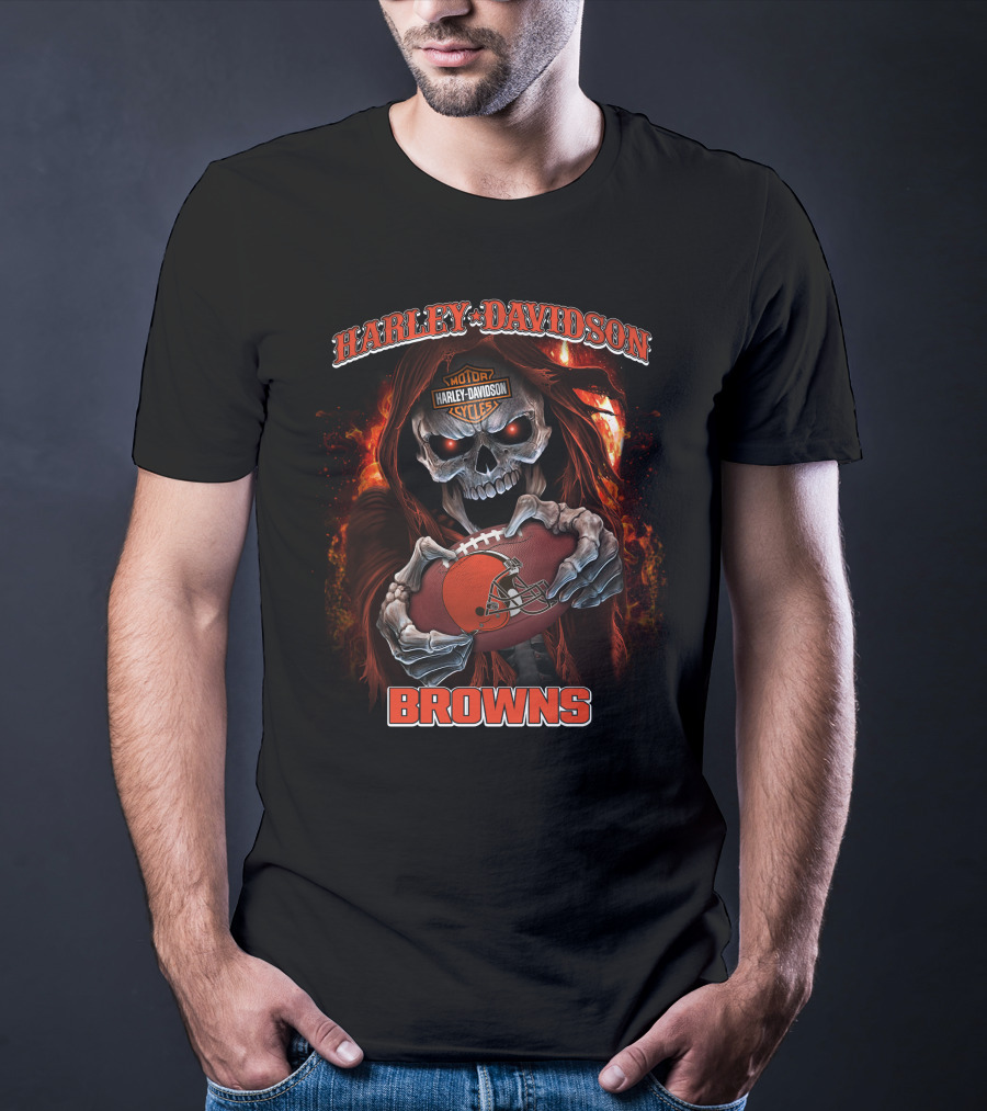 Harley Davidson Motor Cycles Cleveland Browns Skull Football T-Shirt