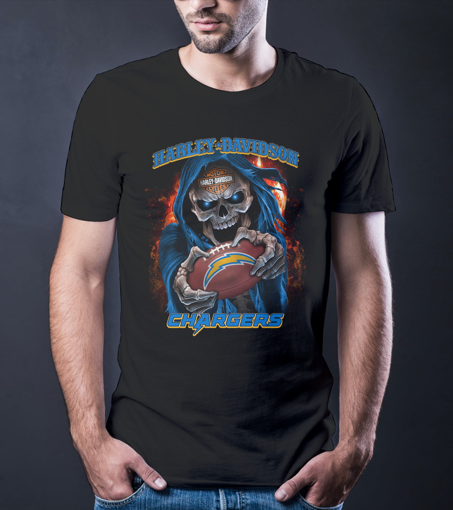 Harley Davidson Los Angeles Chargers Skull Holding Football T-Shirt
