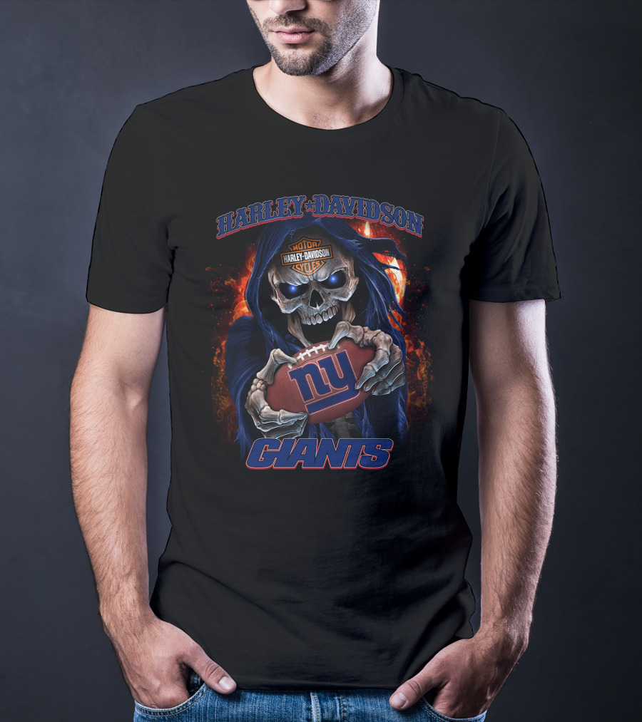 Harley Davidson New York Giants Skull Holding Football T-Shirt