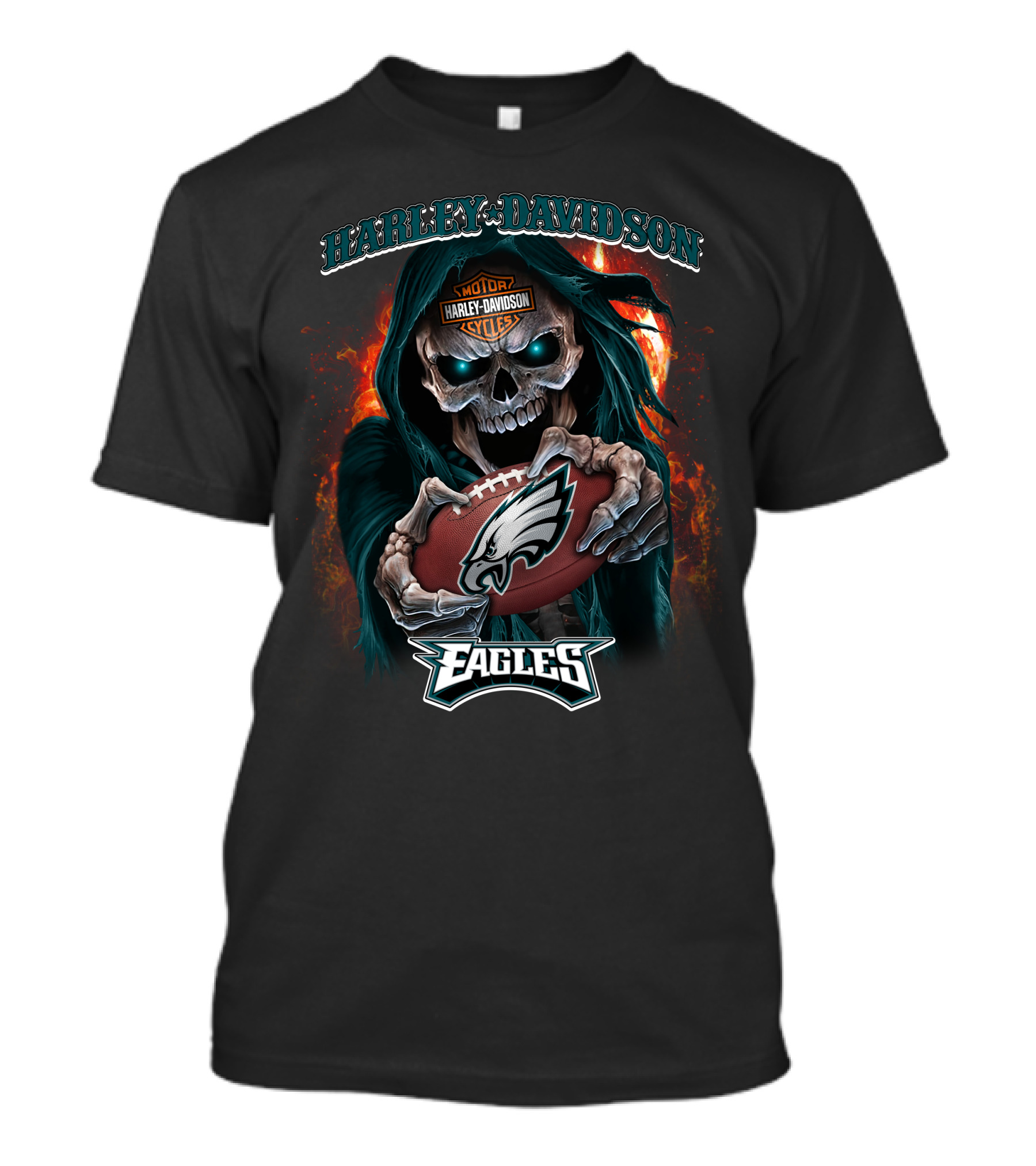 Harley Davidson Skull Holding Philadelphia Eagles Football T-Shirt