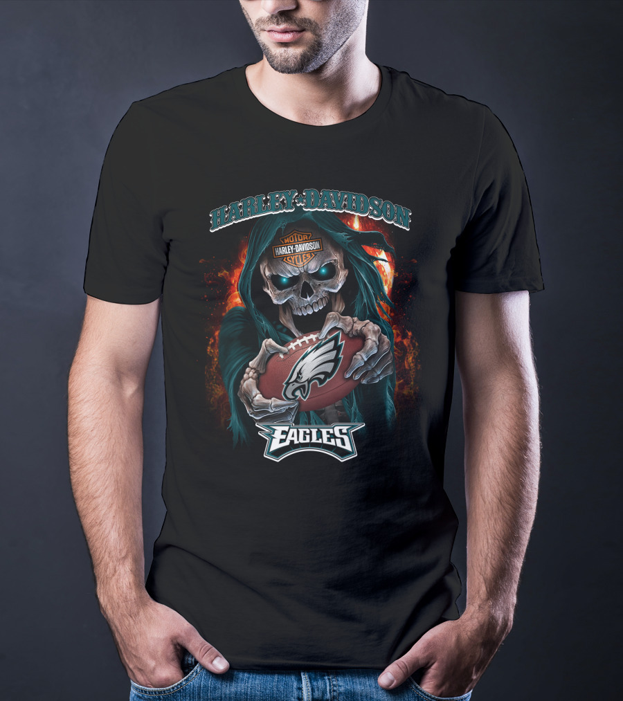 Harley Davidson Skull Holding Philadelphia Eagles Football T-Shirt