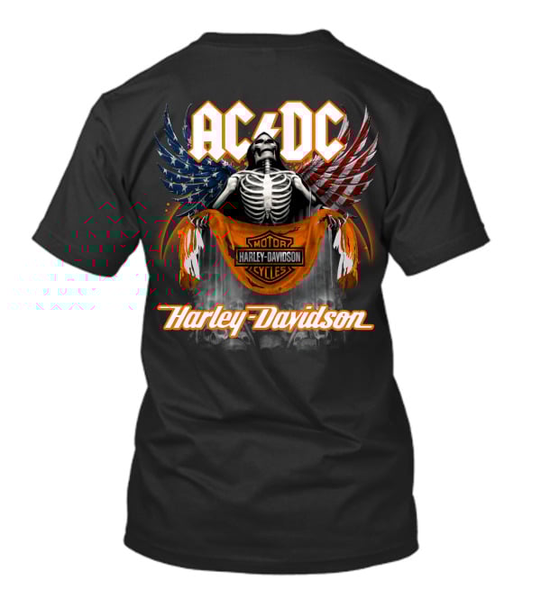 Acdc Harley Davidson Skeleton With American Flag Wings T-Shirt