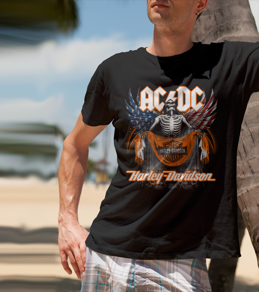 Acdc Harley Davidson Skeleton With American Flag Wings T-Shirt