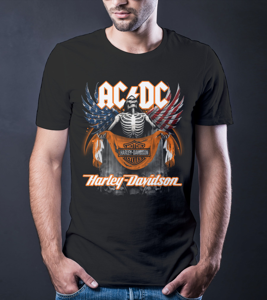 Acdc Harley Davidson Skeleton With American Flag Wings T-Shirt