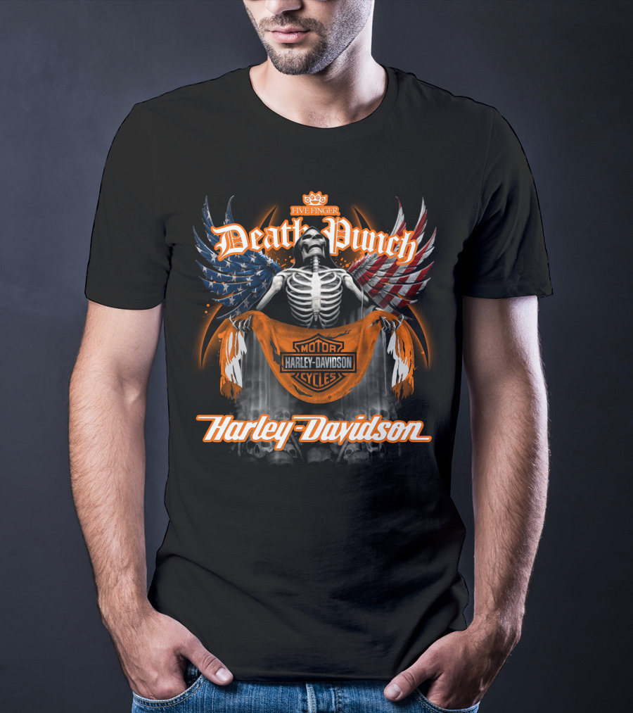 Five Finger Death Punch Harley Davidson American Wings Skeleton T-Shirt