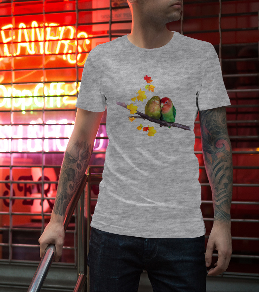 Lovebirds With Autumn Leaves On Branch T-Shirt