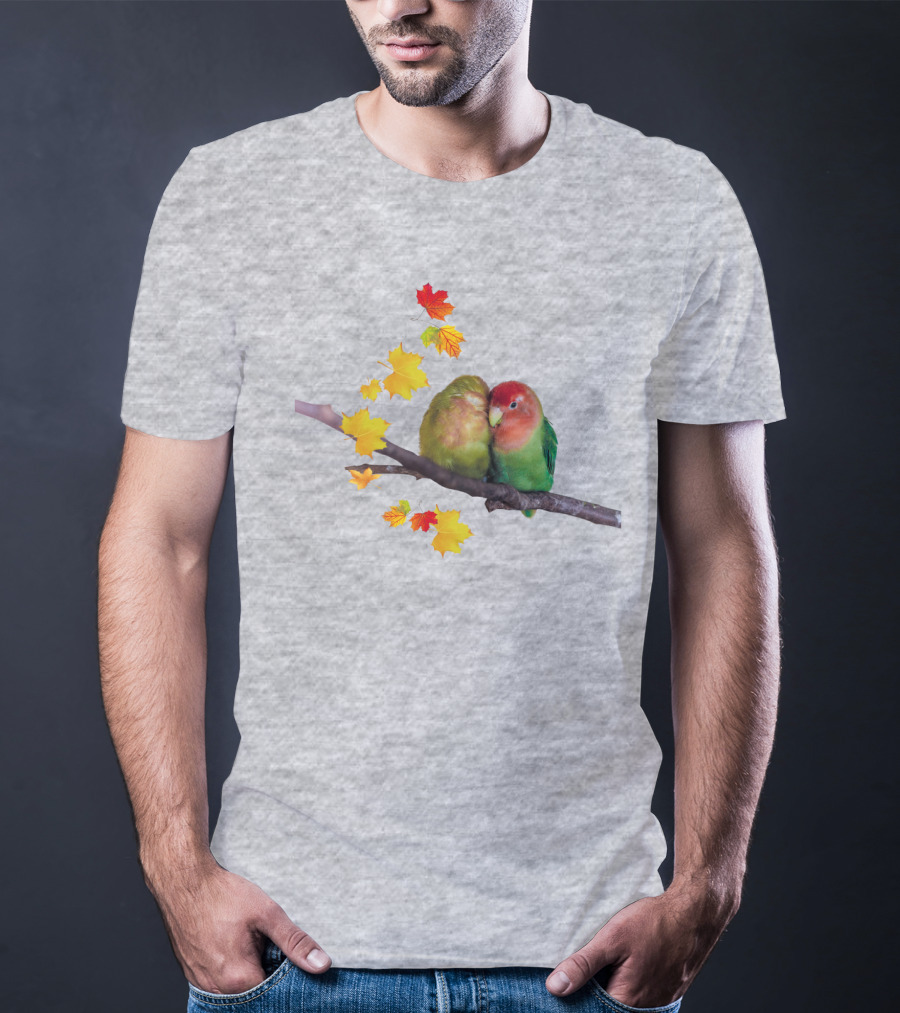 Lovebirds With Autumn Leaves On Branch T-Shirt