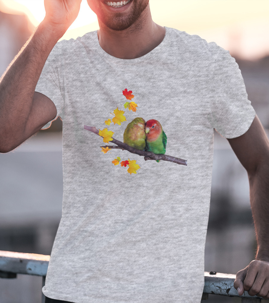 Lovebirds With Autumn Leaves On Branch T-Shirt