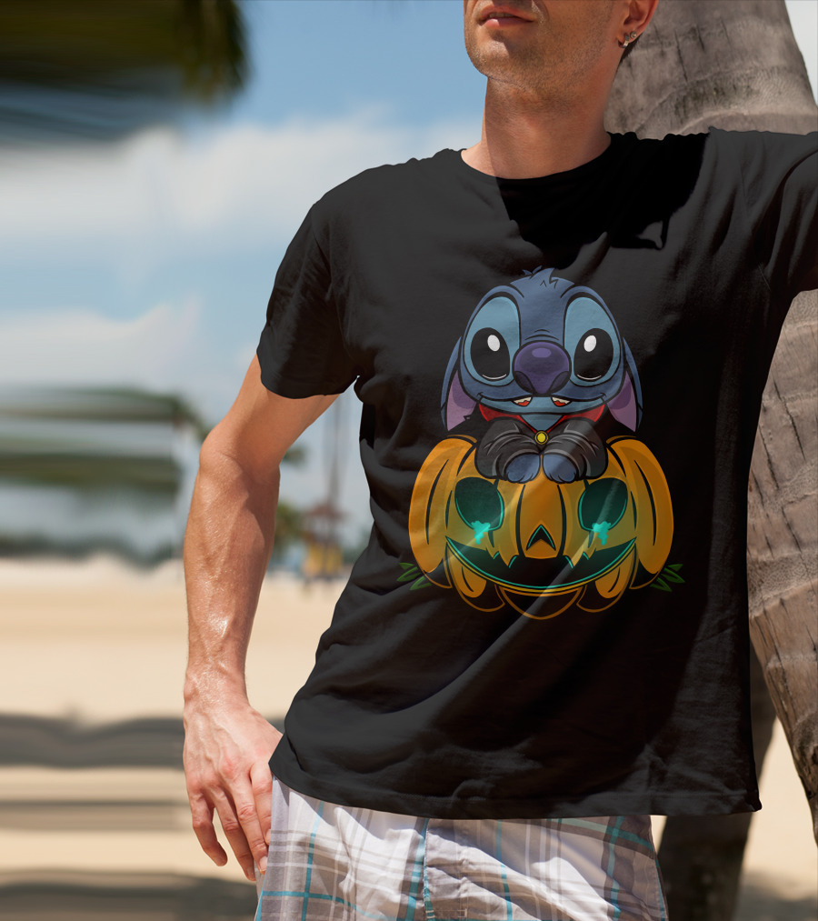 Cute Halloween Stitch With Glowing Pumpkin T-Shirt