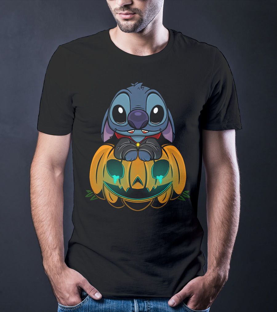 Cute Halloween Stitch With Glowing Pumpkin T-Shirt