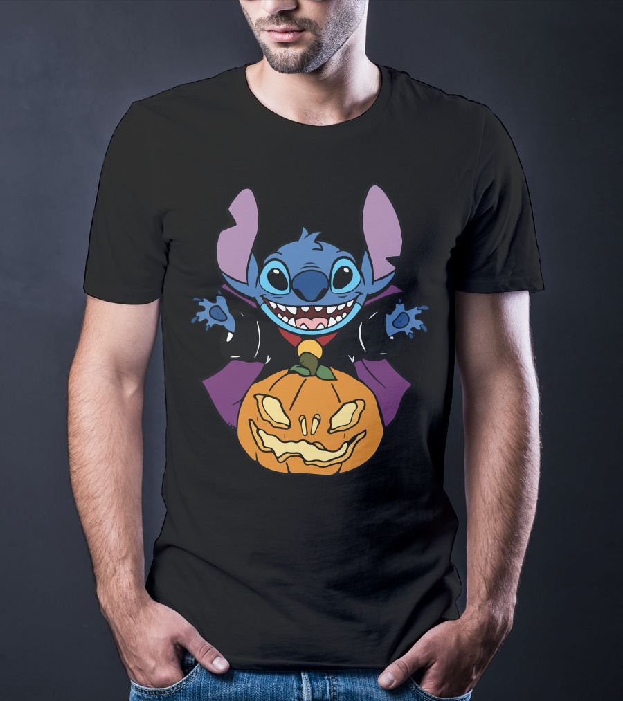 Cute Halloween Vampire Stitch Hugging Pumpkin T-Shirt