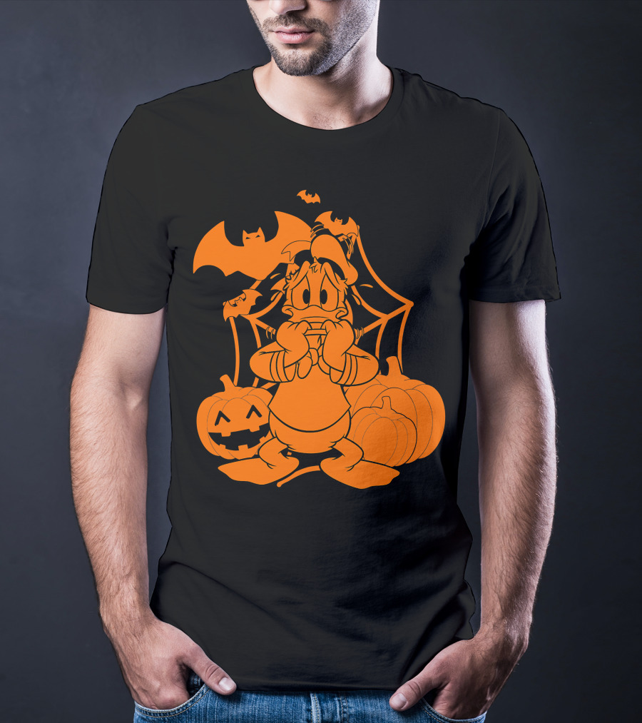 Donald Duck Halloween Pumpkins With Bat And Spider Webs T-Shirt