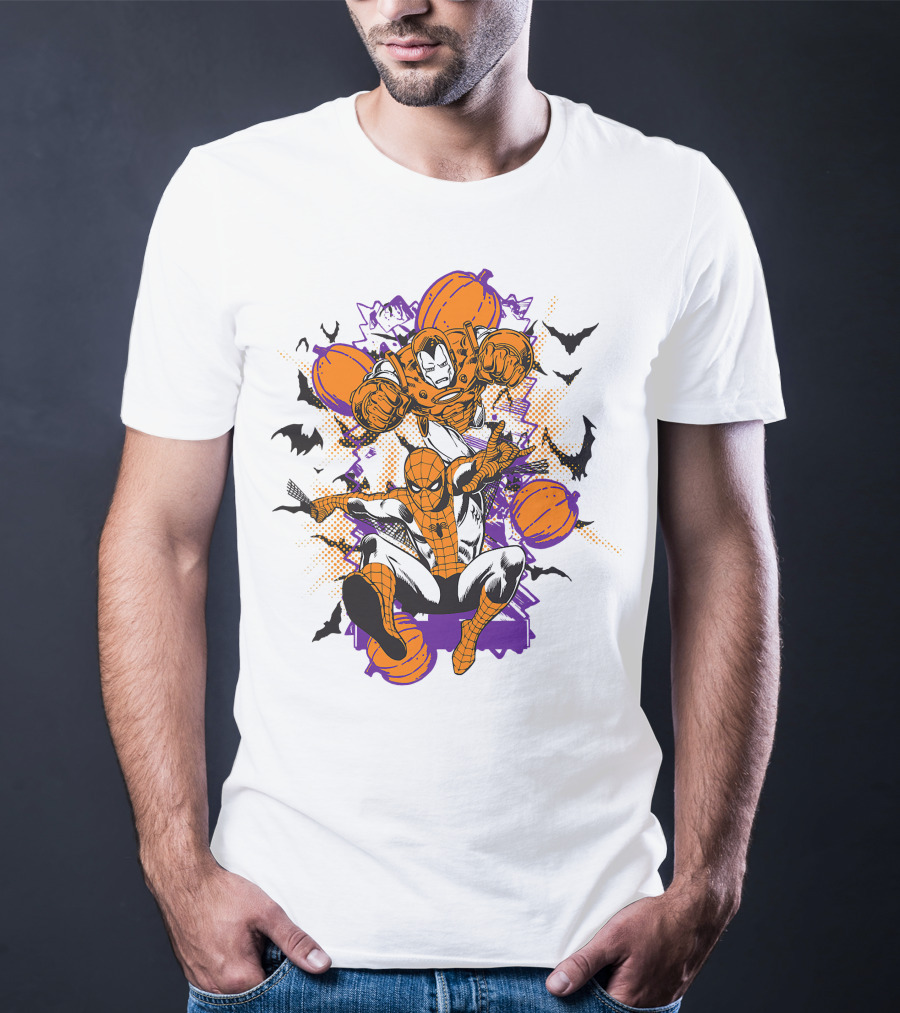 Marvel Spider Man And Iron Man Halloween Pumpkins And Bats T-Shirt