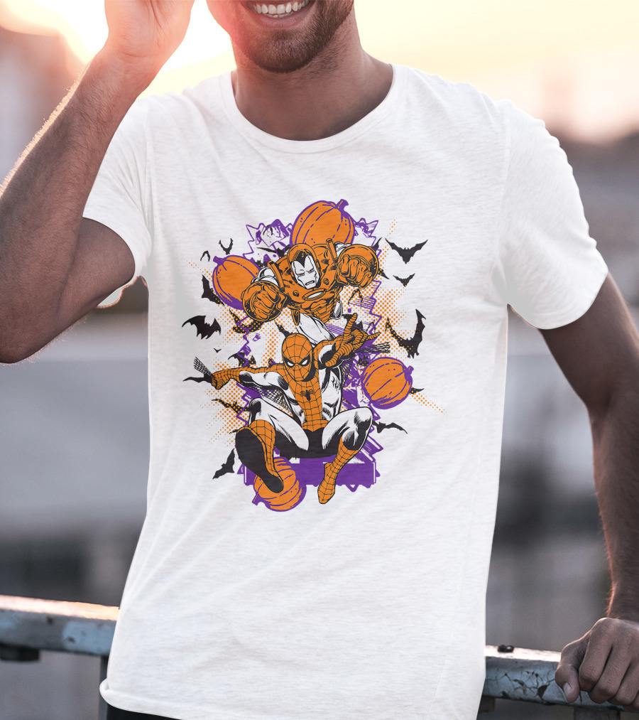 Marvel Spider Man And Iron Man Halloween Pumpkins And Bats T-Shirt