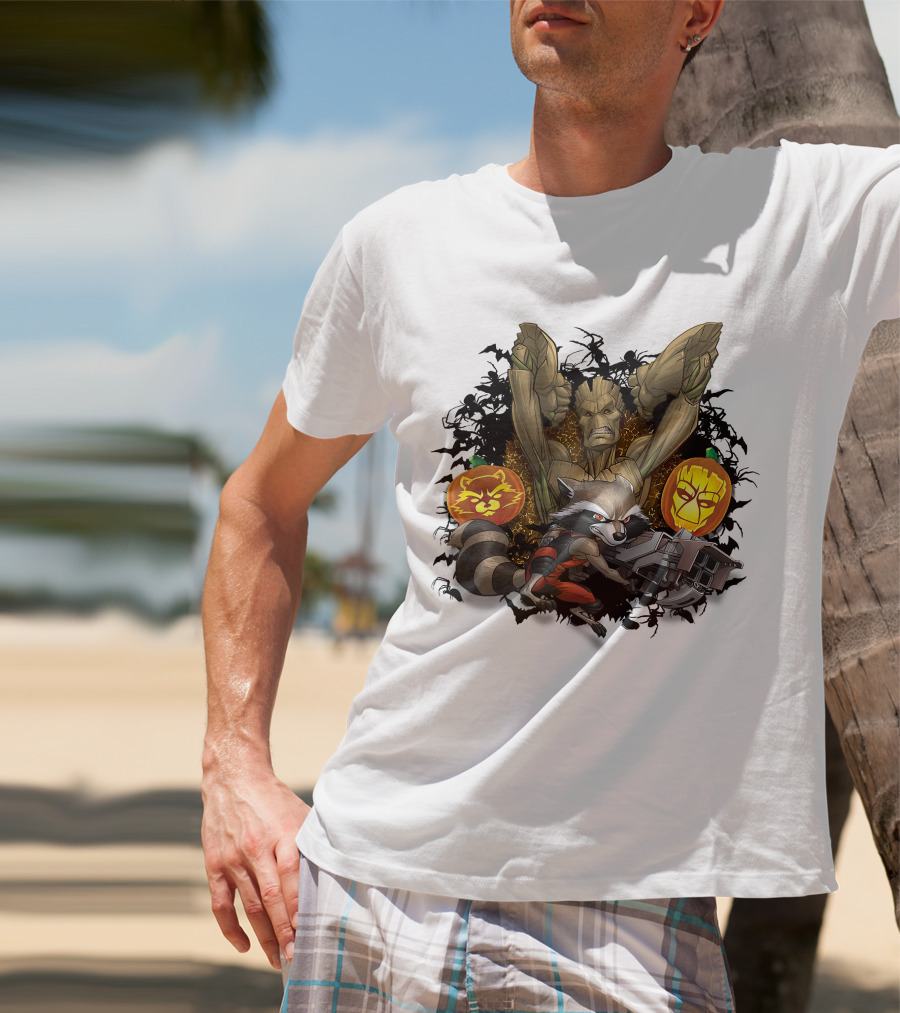 Groot And Rocket Raccoon Halloween Jack O' Lantern Duo T-Shirt