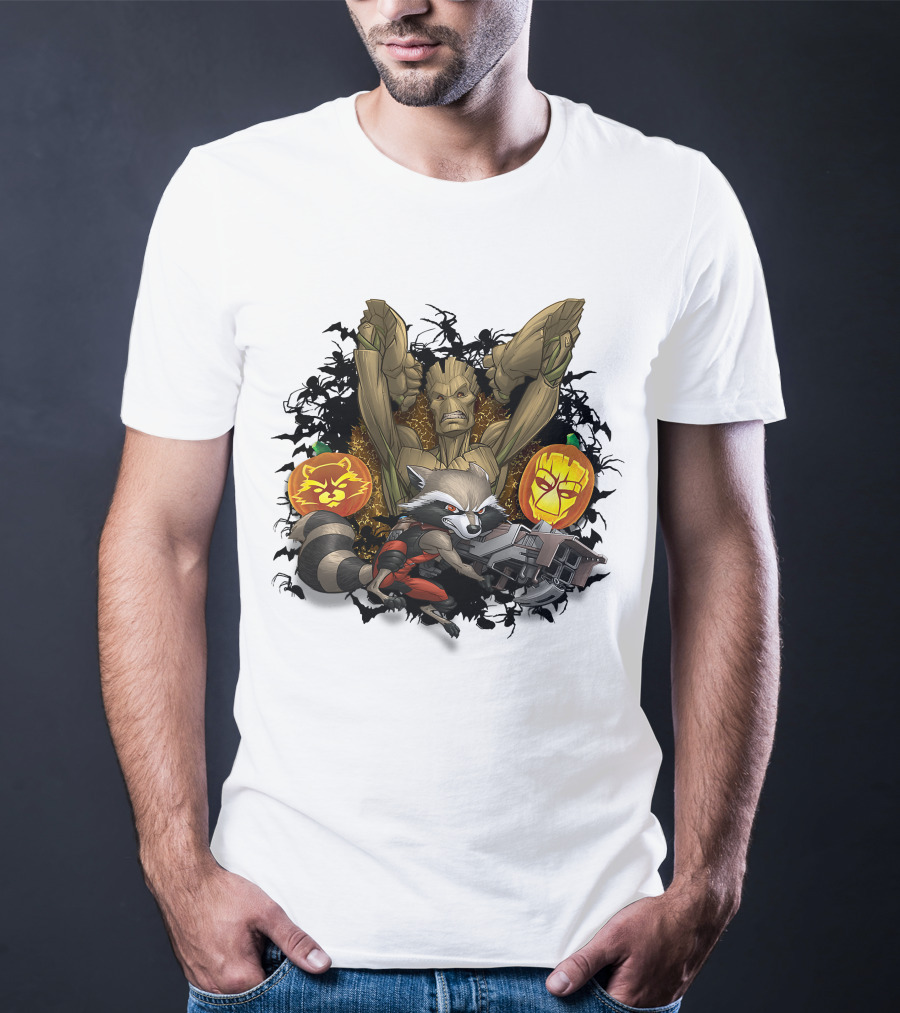 Groot And Rocket Raccoon Halloween Jack O' Lantern Duo T-Shirt