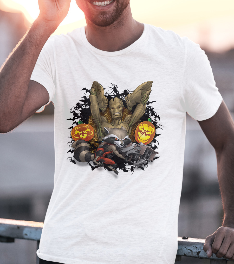 Groot And Rocket Raccoon Halloween Jack O' Lantern Duo T-Shirt