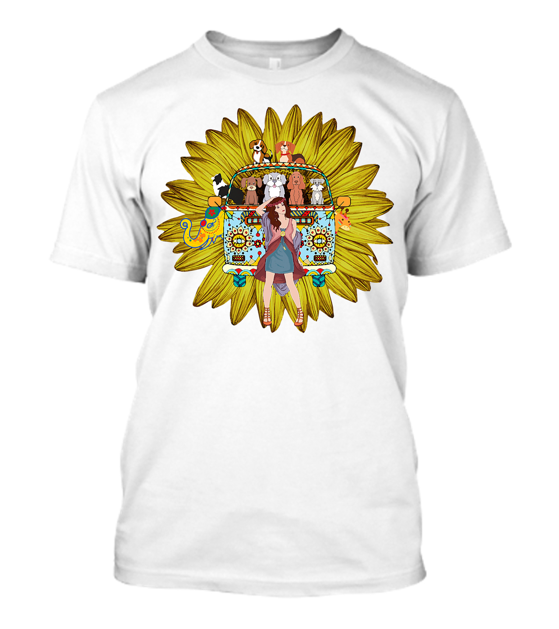 I'm Mostly Peace Love Animals Hippie Van Sunflower Dogs T-Shirt