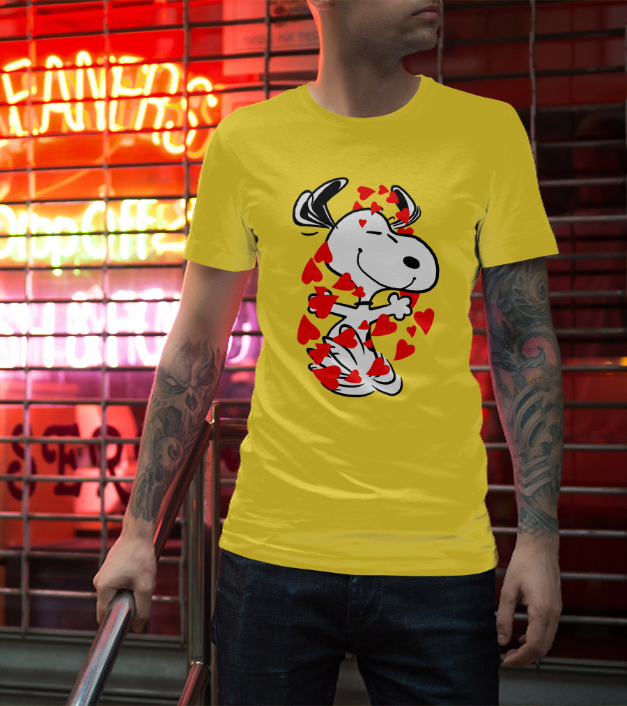 Snoopy Surrounded By Red Hearts Hugging Blissfully T-Shirt