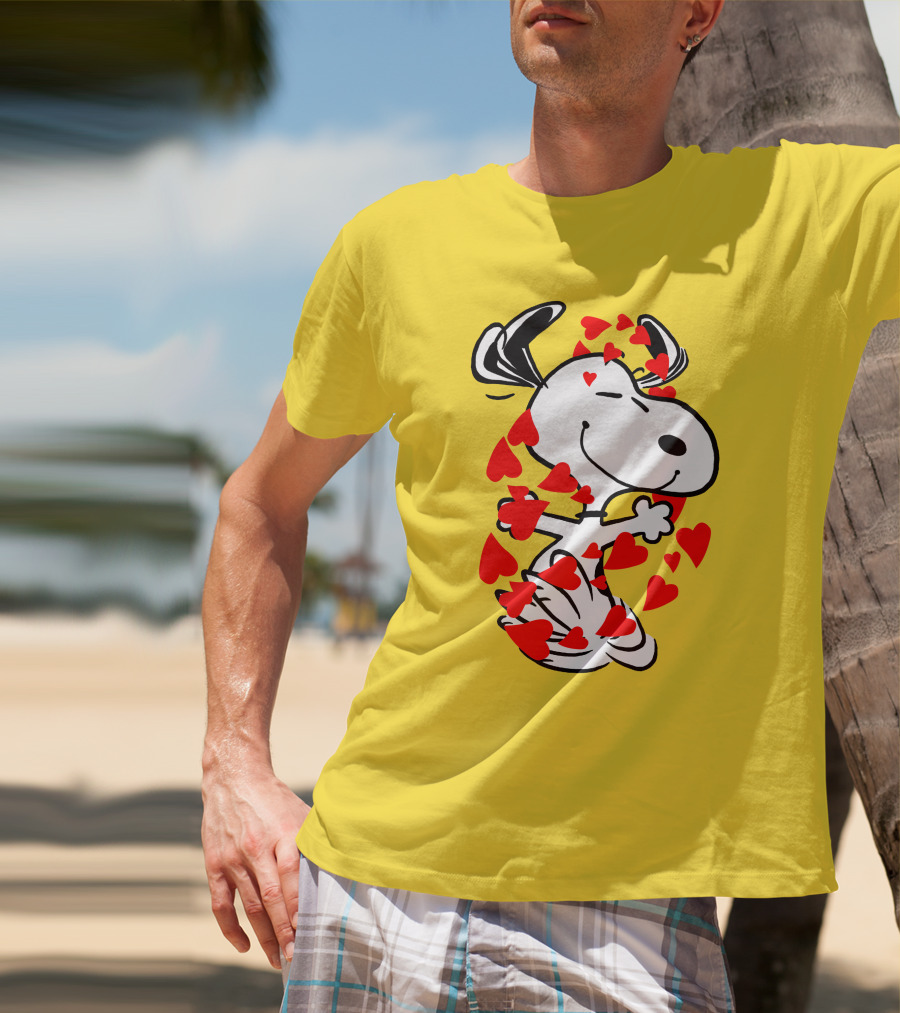 Snoopy Surrounded By Red Hearts Hugging Blissfully T-Shirt