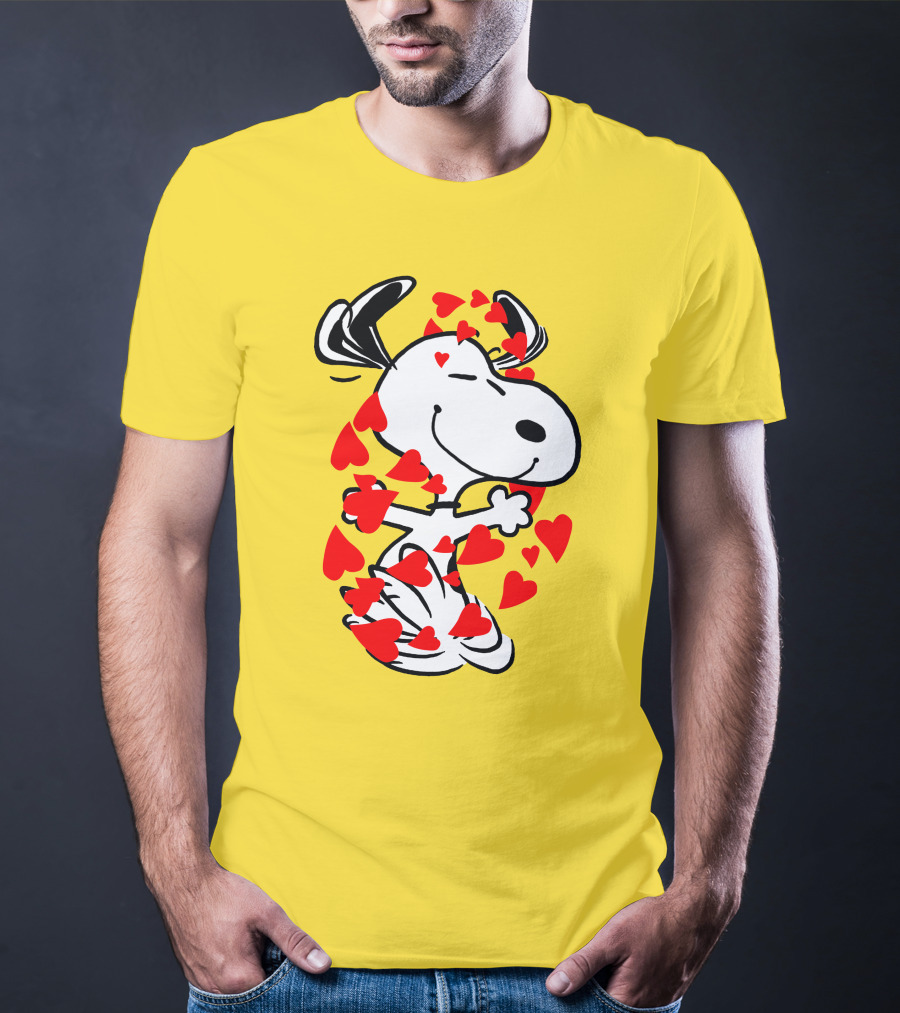 Snoopy Surrounded By Red Hearts Hugging Blissfully T-Shirt