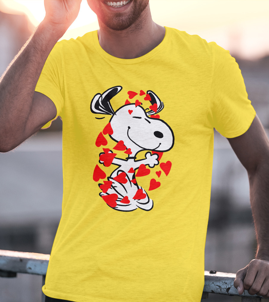 Snoopy Surrounded By Red Hearts Hugging Blissfully T-Shirt