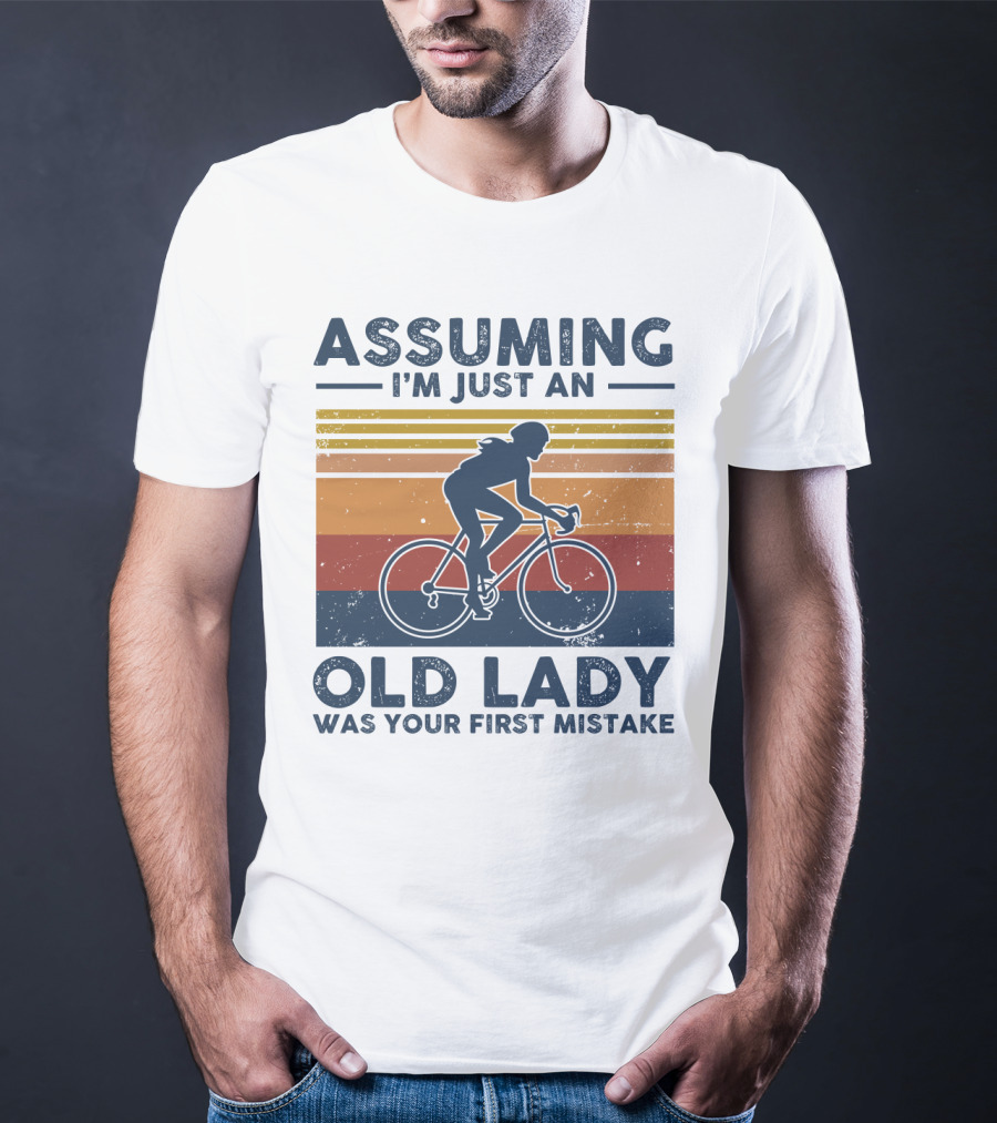 Assuming I'm Just An Old Lady Was Your First Mistake Biking Silhouette Retro Stripes T-Shirt