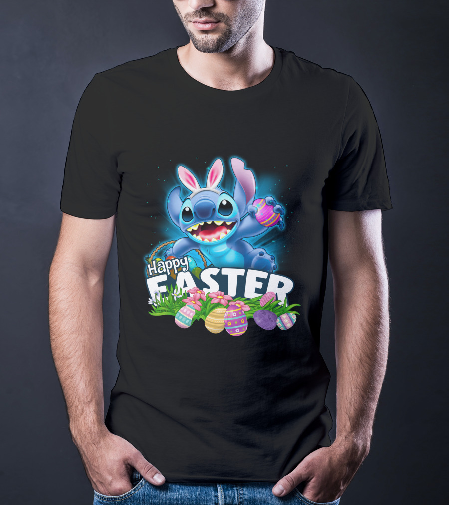 Happy Easter Stitch With Colorful Eggs And Flowers T-Shirt