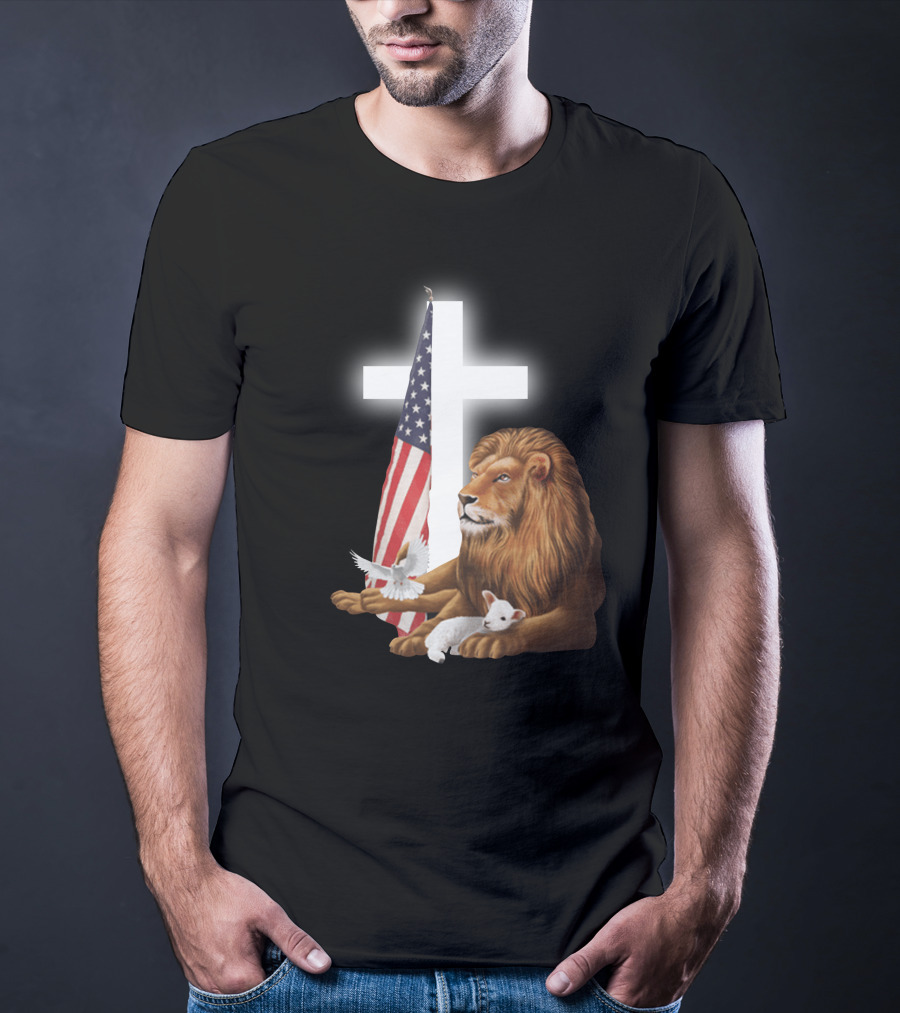Lion With American Flag And Cross T-Shirt