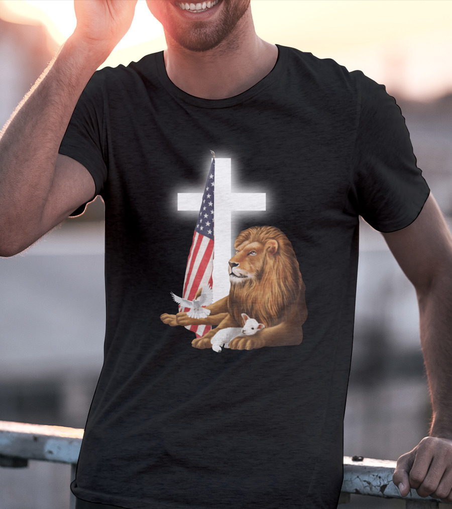Lion With American Flag And Cross T-Shirt