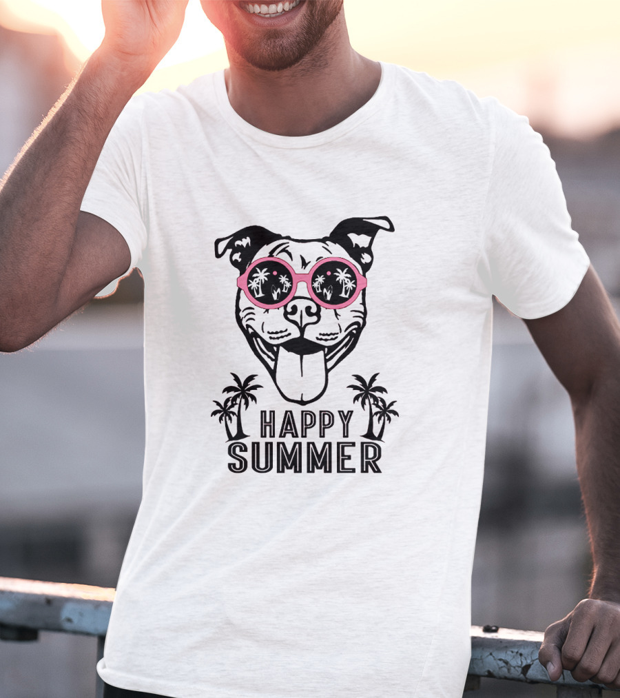 Happy Summer Dogs With Sunglasses And Palm Trees T-Shirt