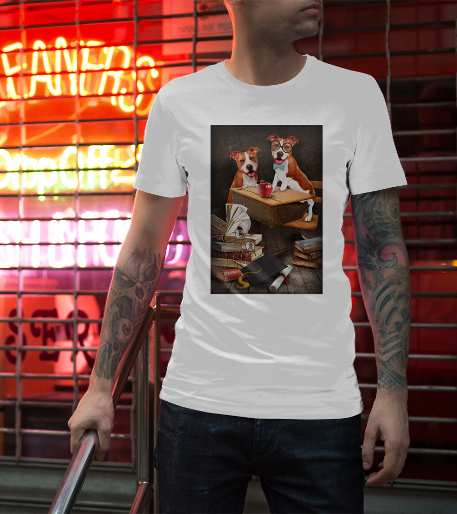 Pitbull Teacher Dogs With Books And Graduation Cap T-Shirt