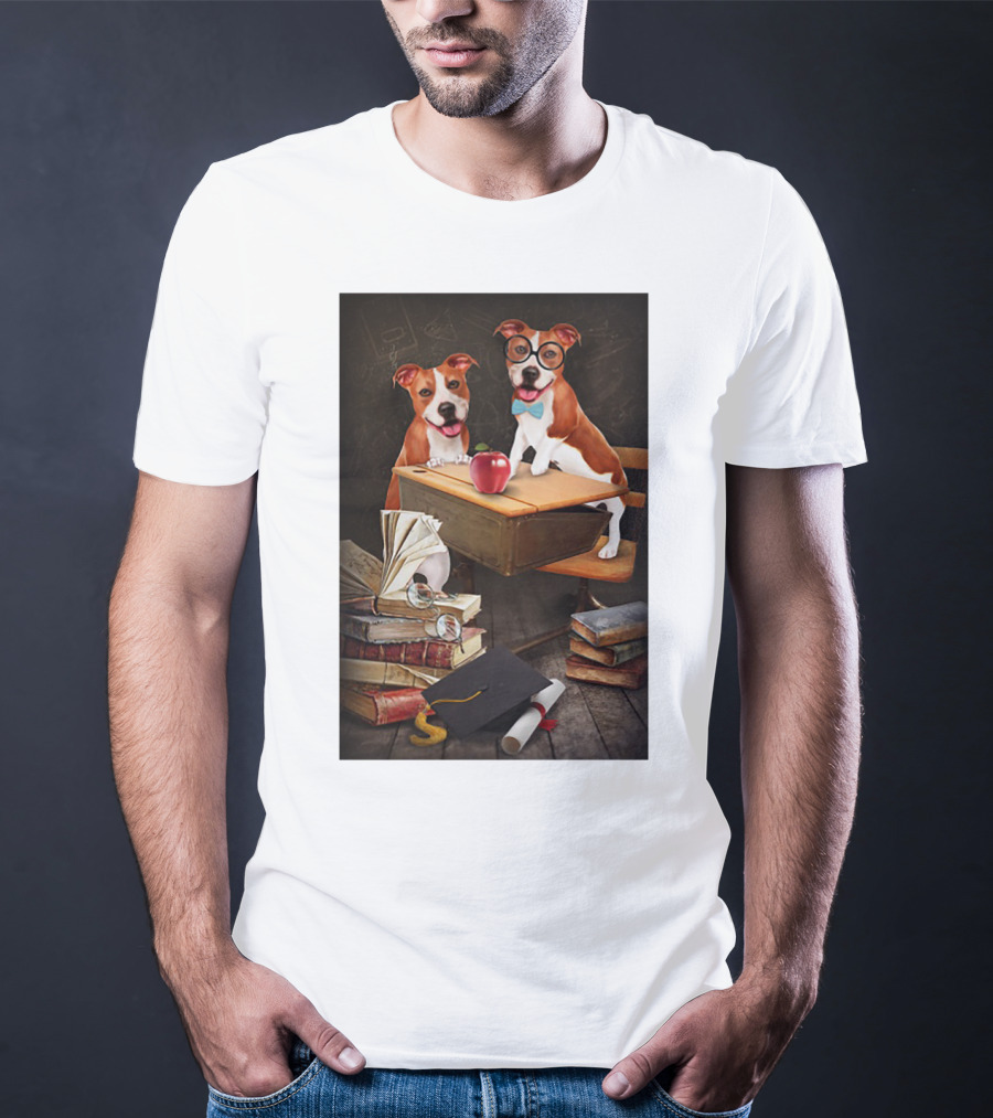 Pitbull Teacher Dogs With Books And Graduation Cap T-Shirt