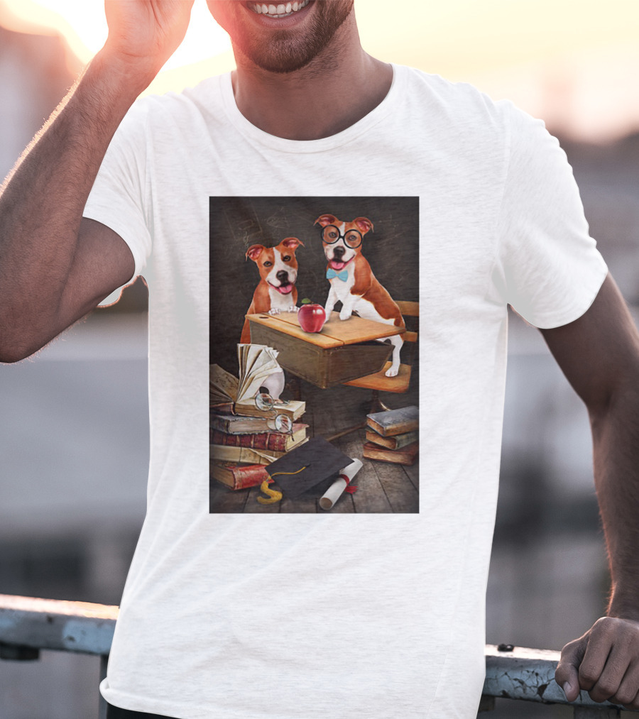 Pitbull Teacher Dogs With Books And Graduation Cap T-Shirt