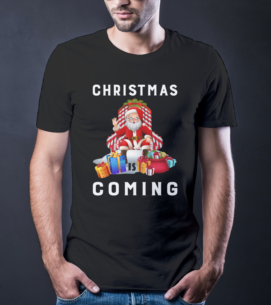 Christmas Is Coming Santa Claus With Candy Cane And Gifts T-Shirt