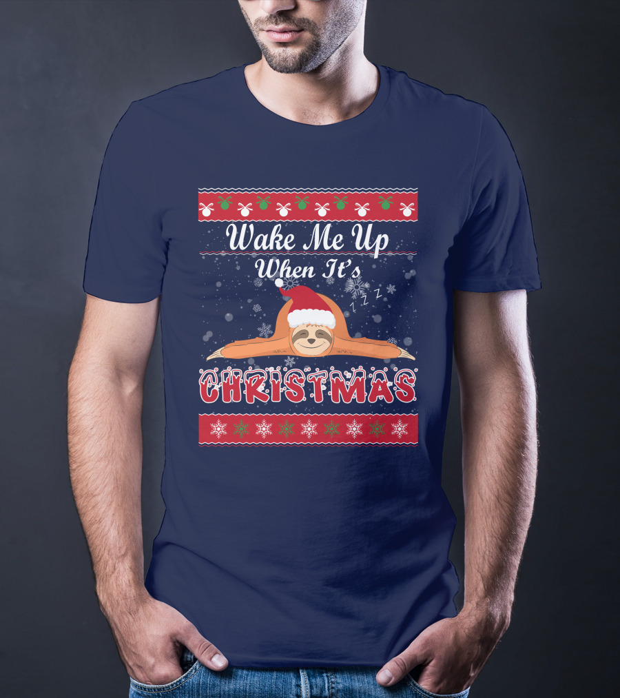 Wake Me Up When It's Christmas Sloth Santa Hat Snowflakes Zzz T-Shirt