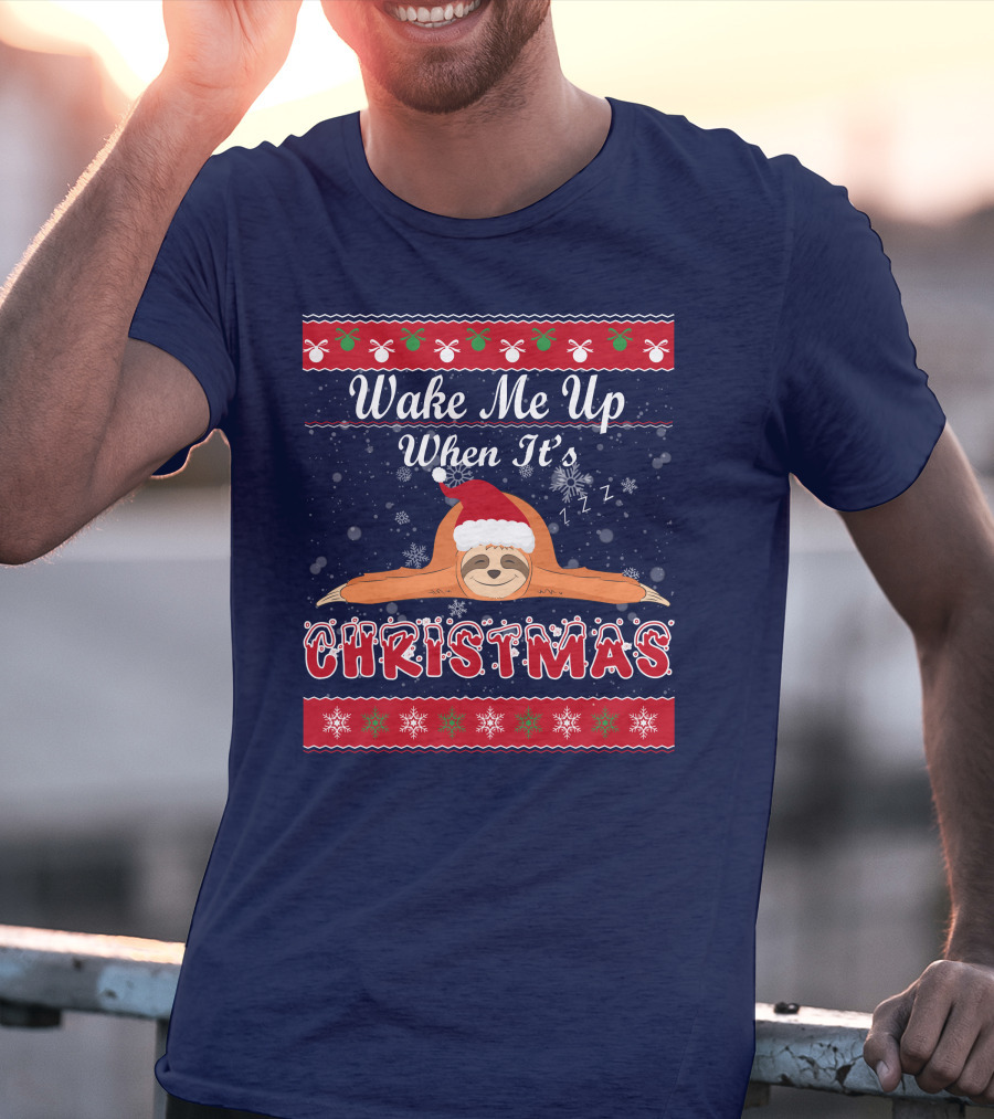 Wake Me Up When It's Christmas Sloth Santa Hat Snowflakes Zzz T-Shirt