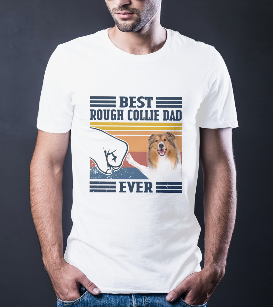 Best Rough Collie Dad Ever Fist Bump Retro Stripes T-Shirt
