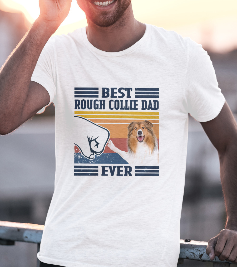 Best Rough Collie Dad Ever Fist Bump Retro Stripes T-Shirt