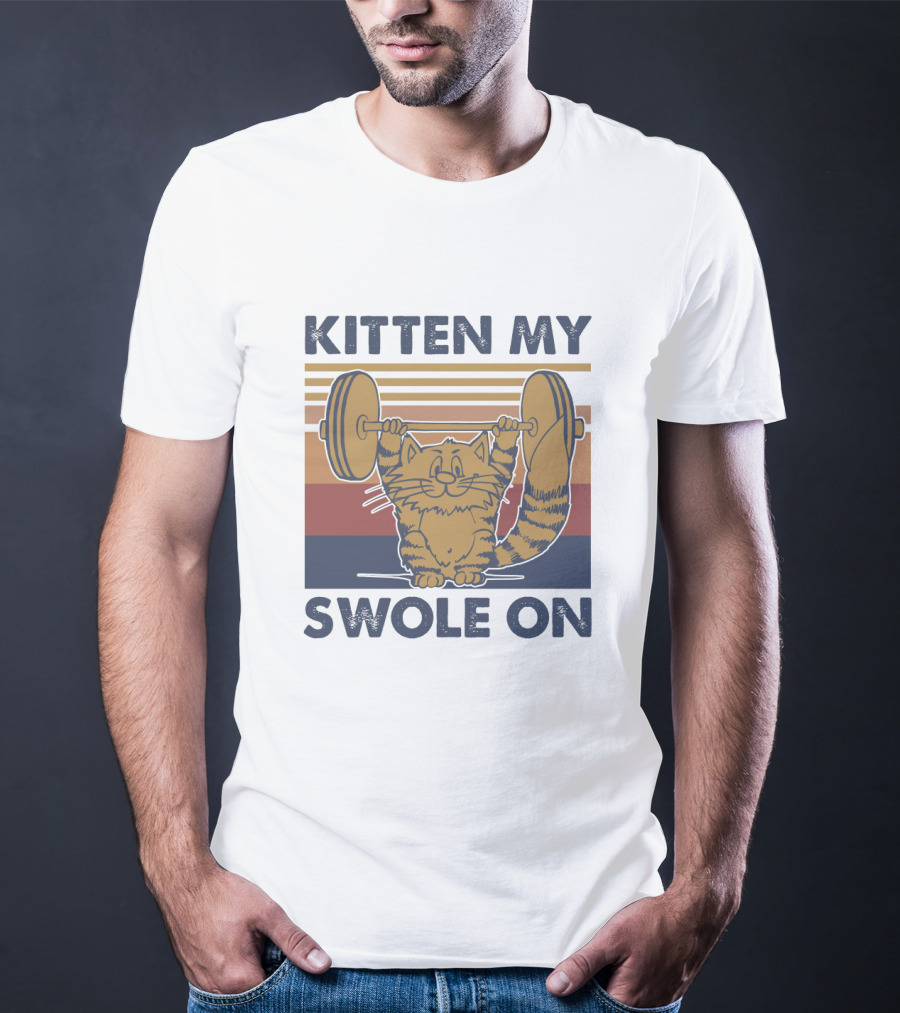 KITTEN MY SWOLE ON Cat Weightlifting Retro Stripes T-Shirt