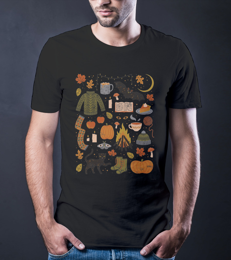 Autumn Nights Cozy Sweater Pumpkin Campfire Black Cat Moonlit Fall Leaves T-Shirt