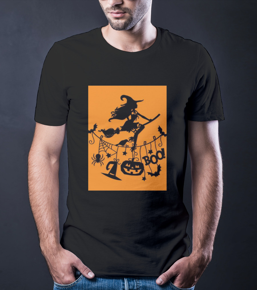 Witch On A Broom Halloween Boo Pumpkin Spider Bat Garland T-Shirt