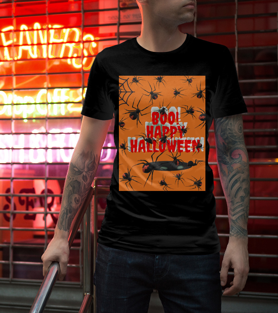 BOO Happy Halloween Spiders Orange Web T-Shirt