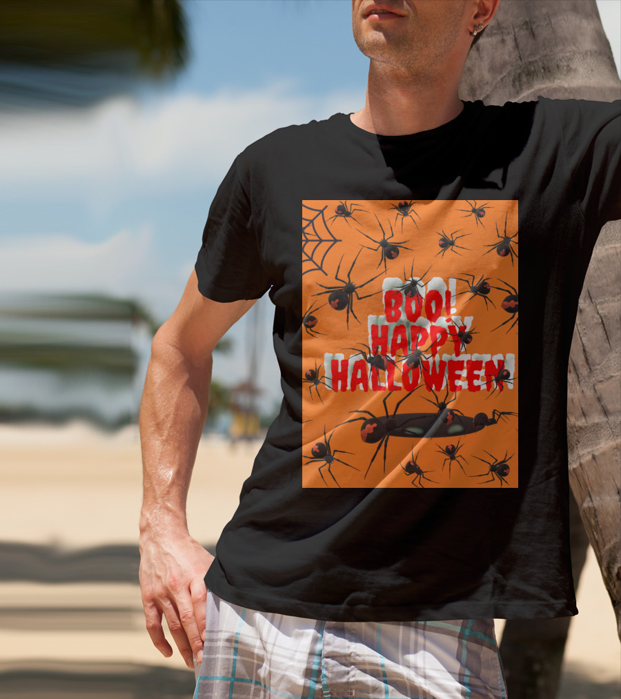 BOO Happy Halloween Spiders Orange Web T-Shirt